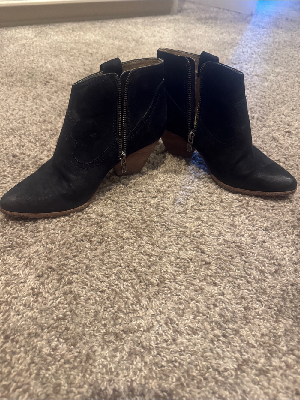 Frye Black Suede Ankle Booties with Side Zipper and Stacked Heel